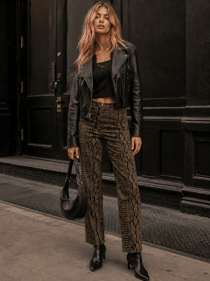 WOMEN'S ZIP UP FRONT POCKETS SNAKE PRINT STARIGHT LEG PANTS