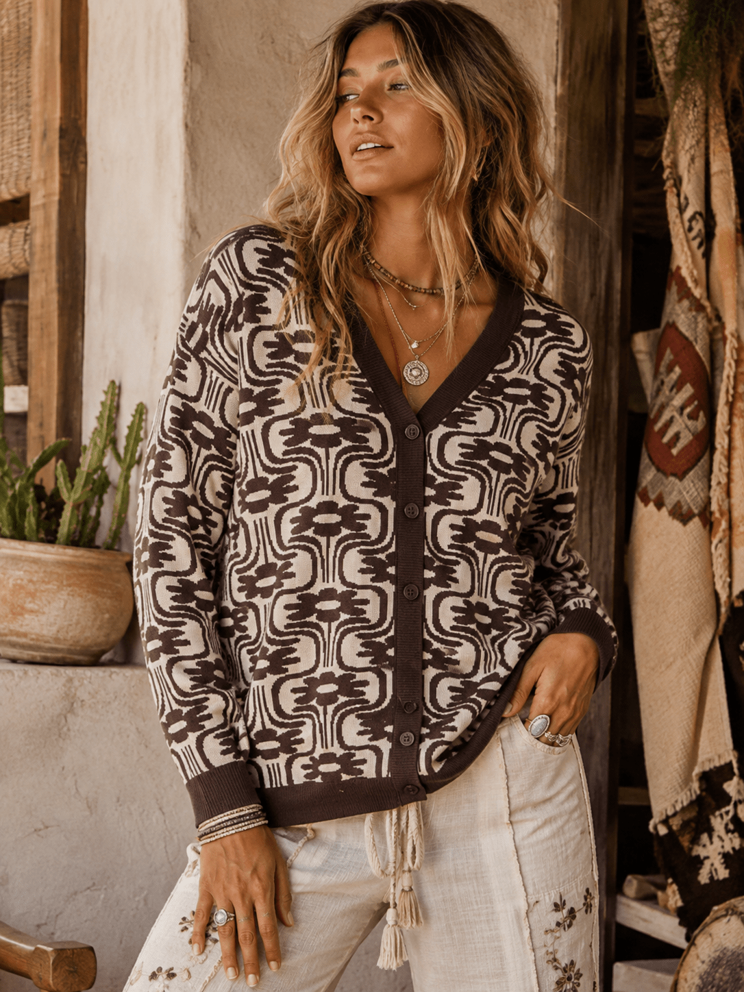 WOMEN'S LONG SLEEVE BUTTON UP FLORAL PRINT SWEATER