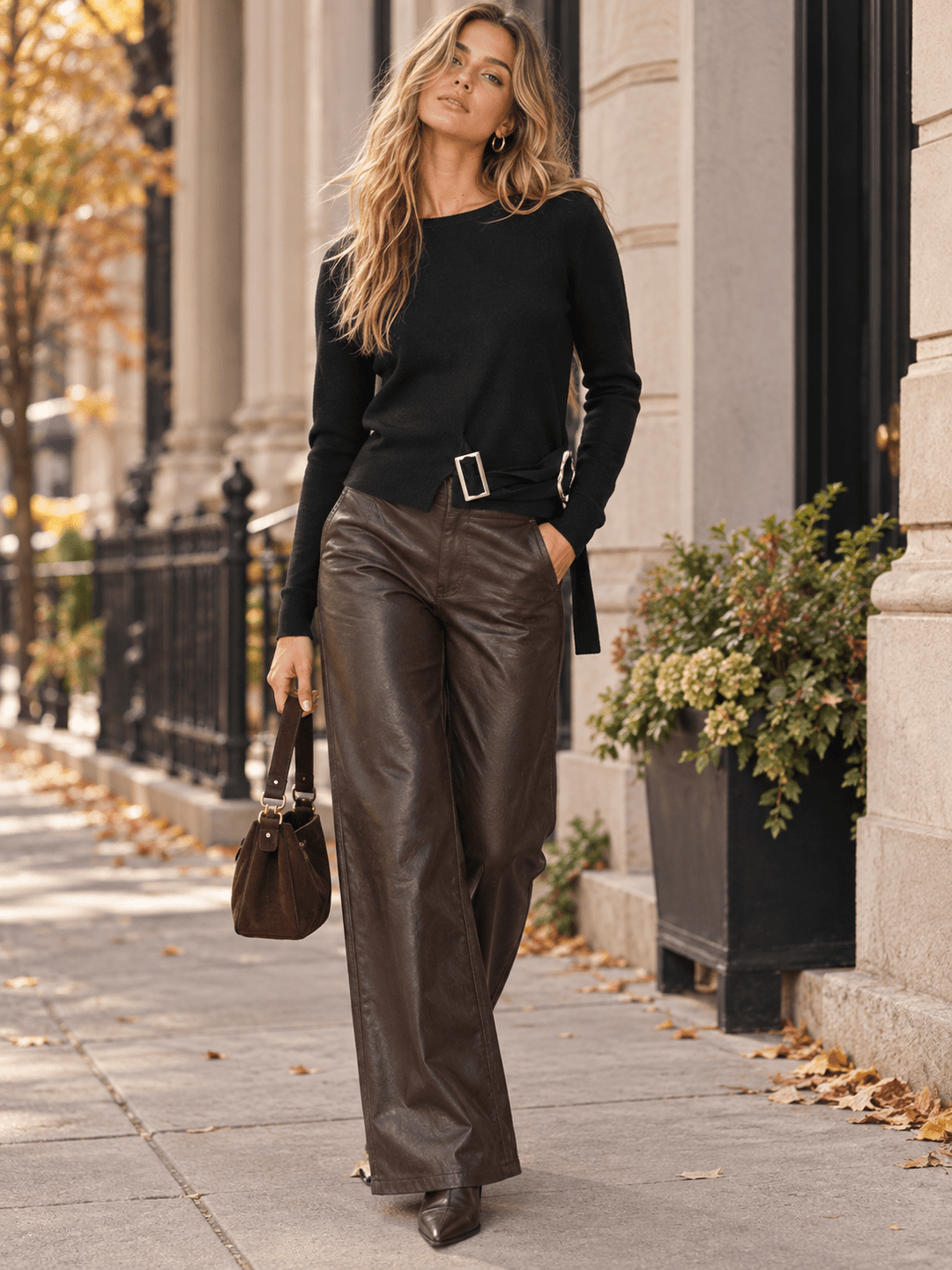 WOMEN'S LONG SLEEVE BUTTON FRONT BELT BLOUSE