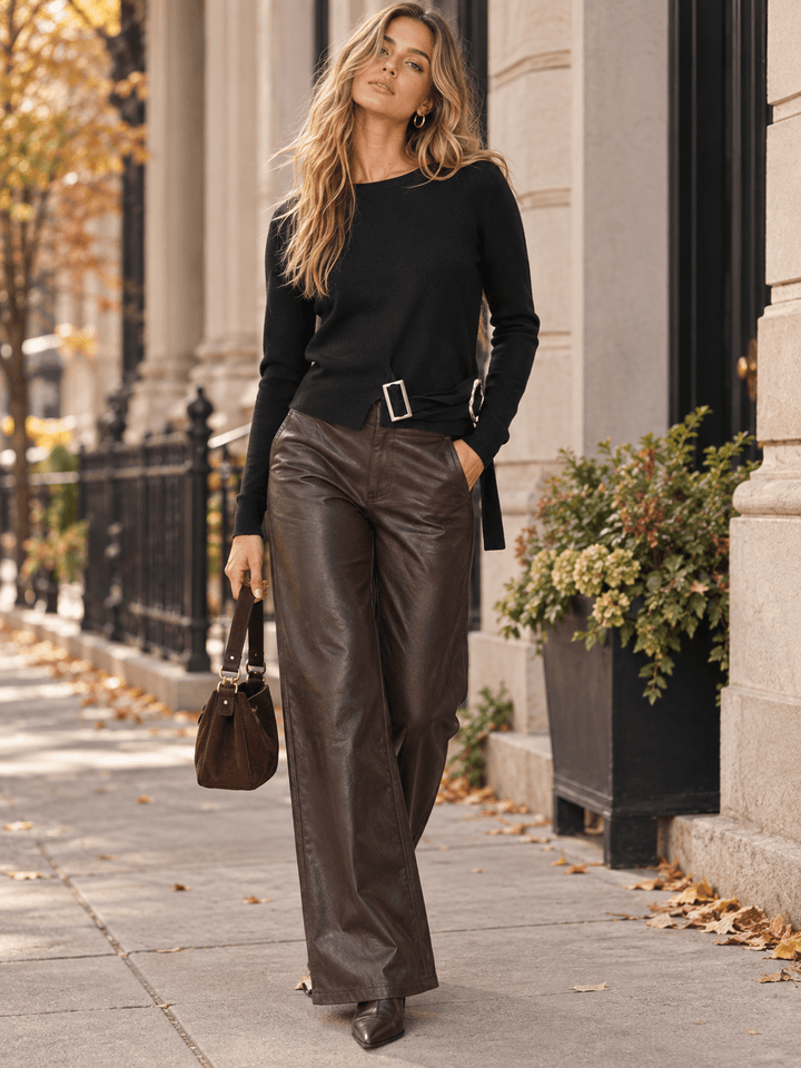 WOMEN'S LONG SLEEVE BUTTON FRONT BELT BLOUSE