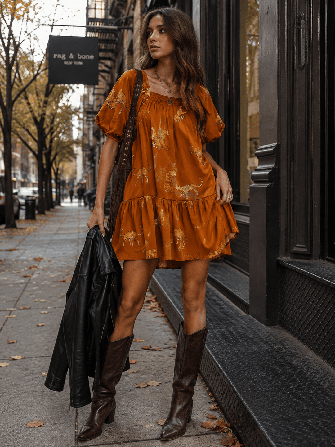 ENTRO WOMEN'S SHORT PUFF SLEEVE FRONT POCKETS ANIMAL PRINT MINI DRESS