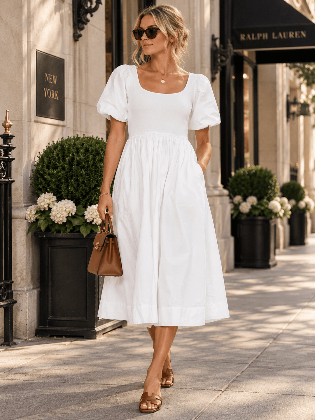 WOMEN'S SHORT SLEEVE FRONT POCKETS CONTRAST MIDI DRESS