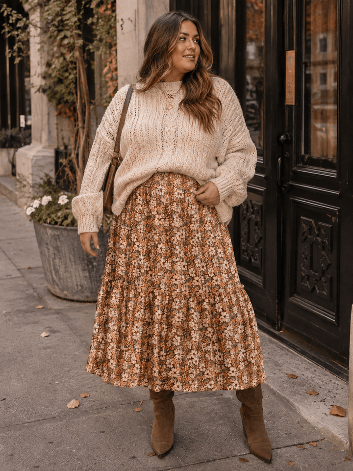 PLUS SIZE ELASTIC WAIST FLORAL PRINT TIERED MAXI SKIRT