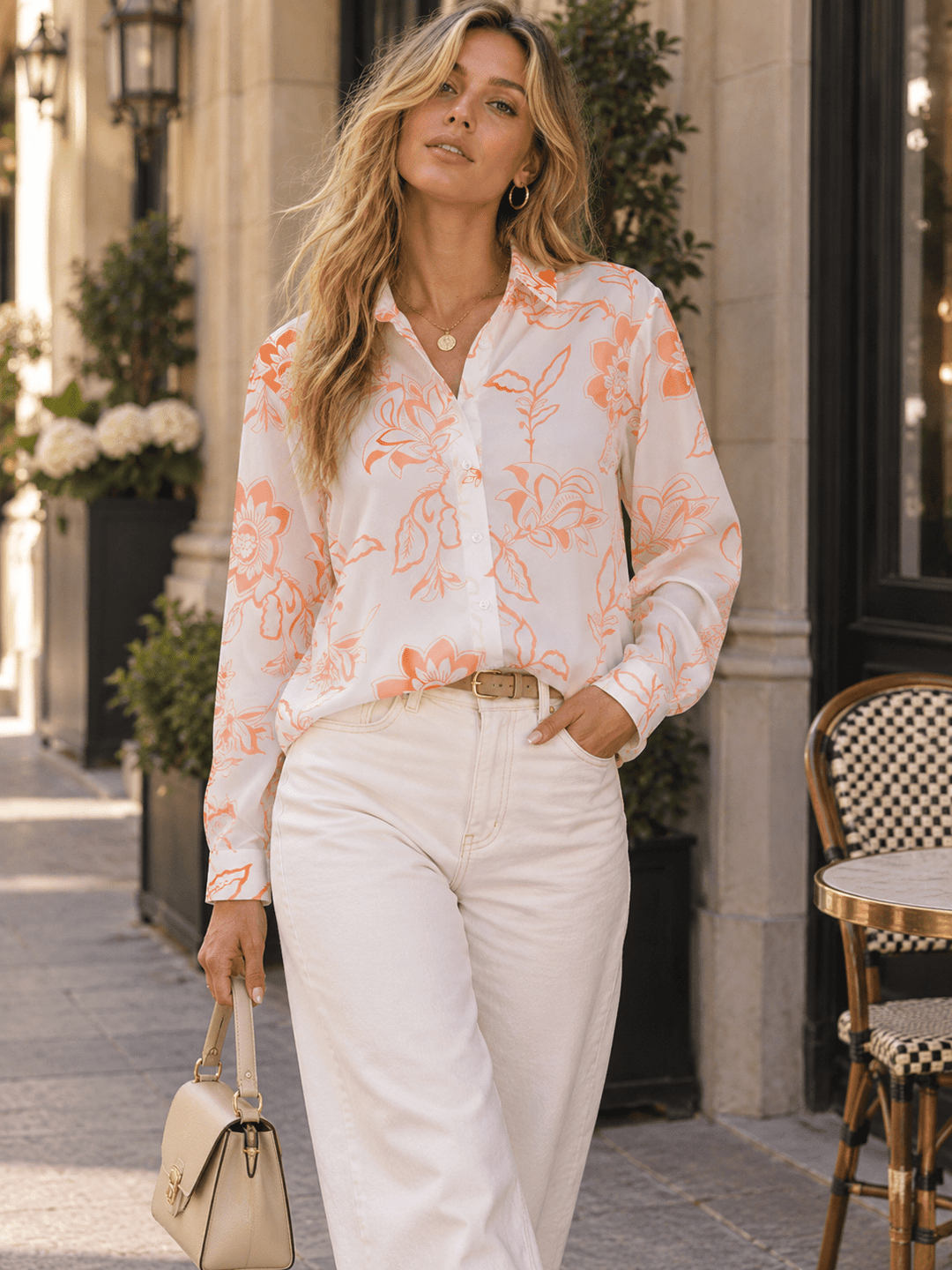 WOMEN'S LONG SLEEVE BUTTON UP FLORAL PRINT BLOUSE