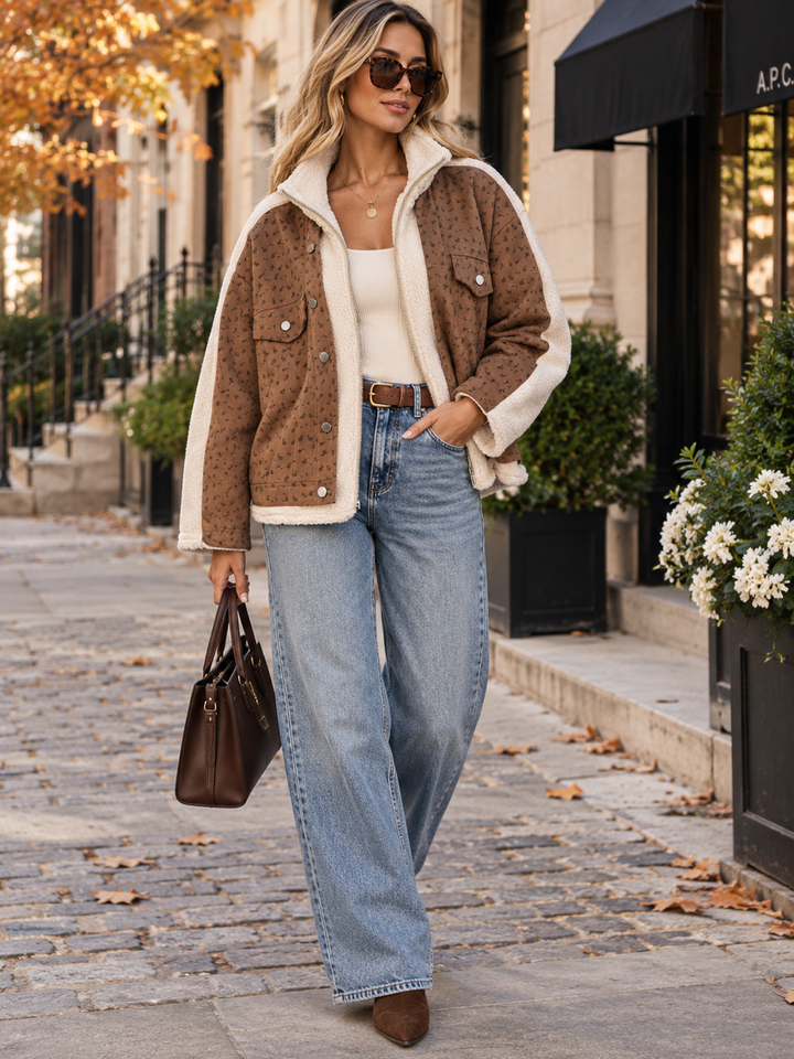 WOMEN'S LONG SLEEVE ZIPPER CLOSURE DENIM SHERPA CONTRAST JACKETS