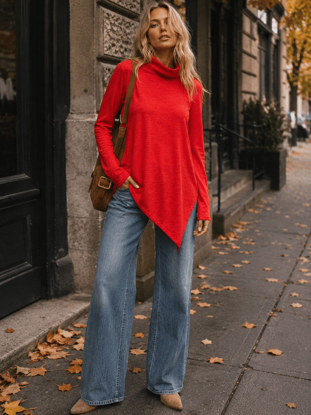 WOMEN'S LONG SLEEVE TURTLE NECK HIGH-LOW TOP