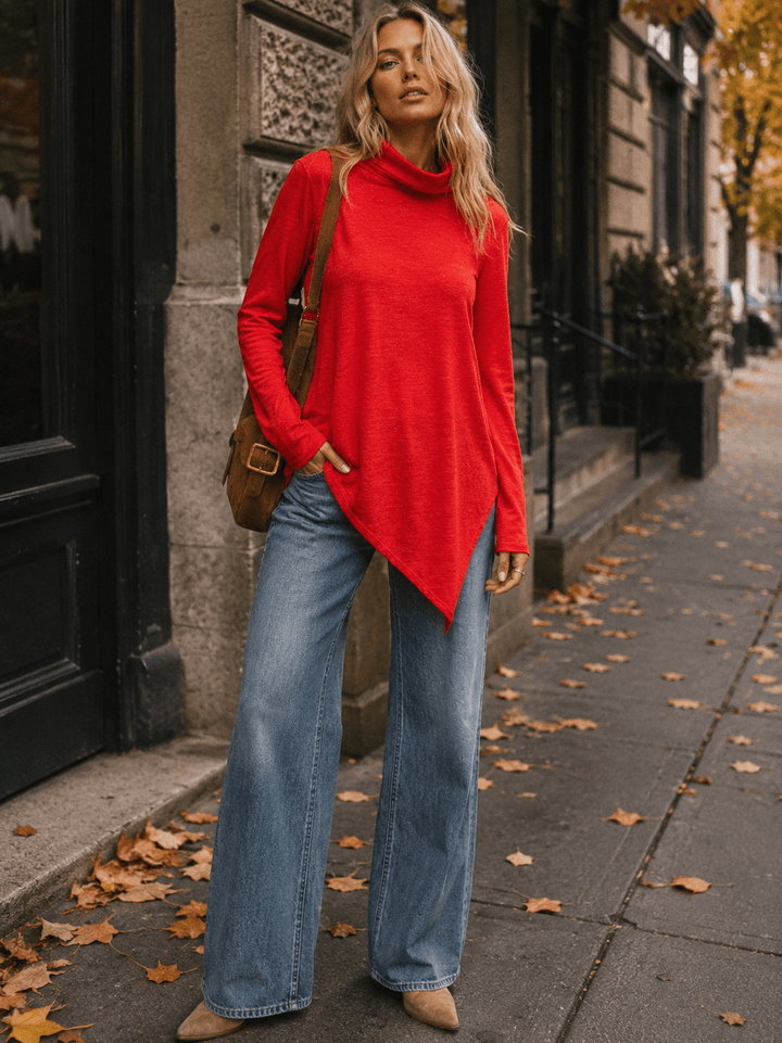 WOMEN'S LONG SLEEVE TURTLE NECK HIGH-LOW TOP