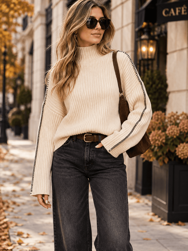 WOMEN'S LONG SLEEVE MOCK NECK RIBBED PULLOVER SWEATER