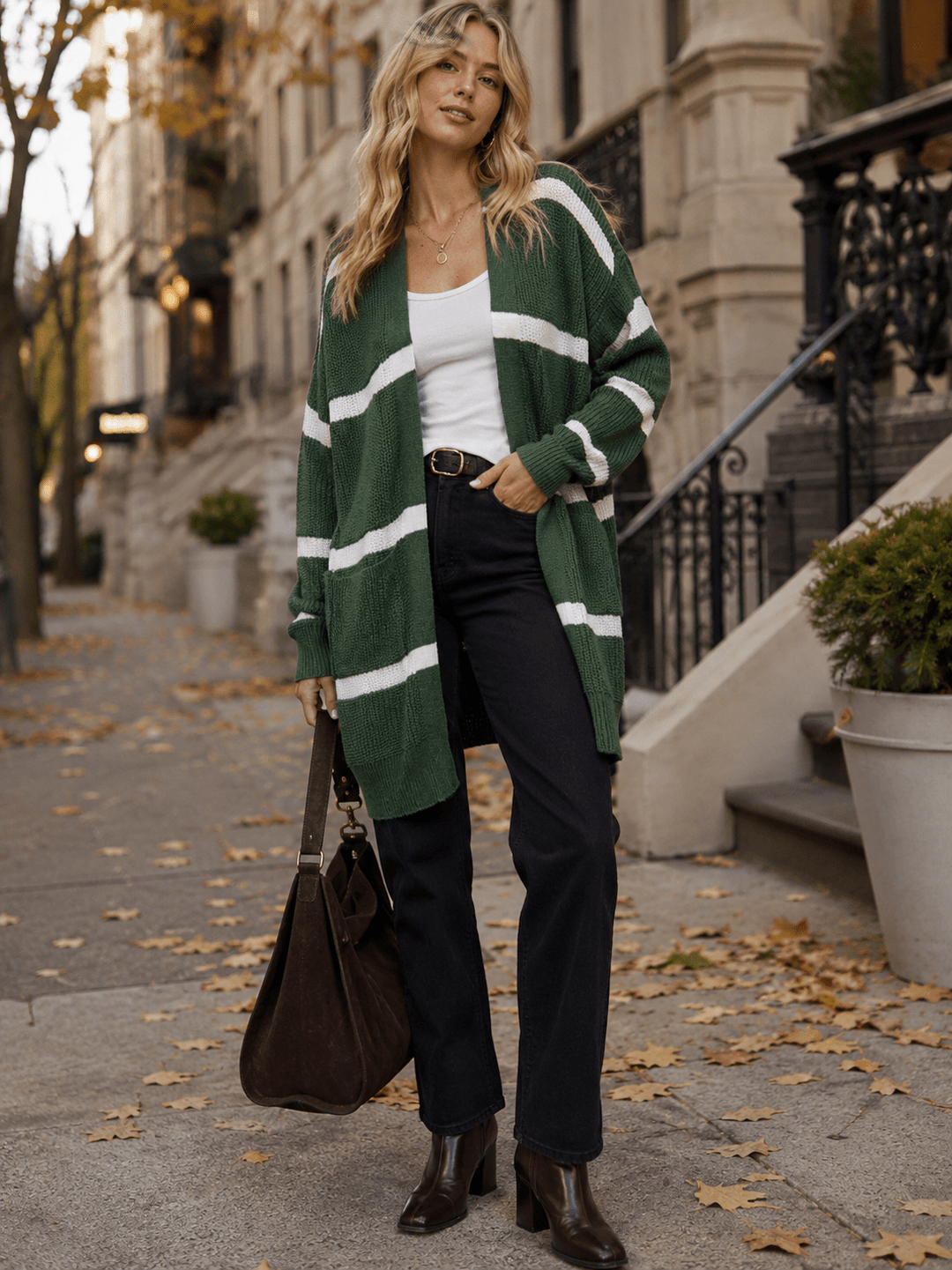 WOMEN'S LONG SLEEVE BUTTON UP FRONT POCKET COLORBLOCK STRIPES CARDIGAN