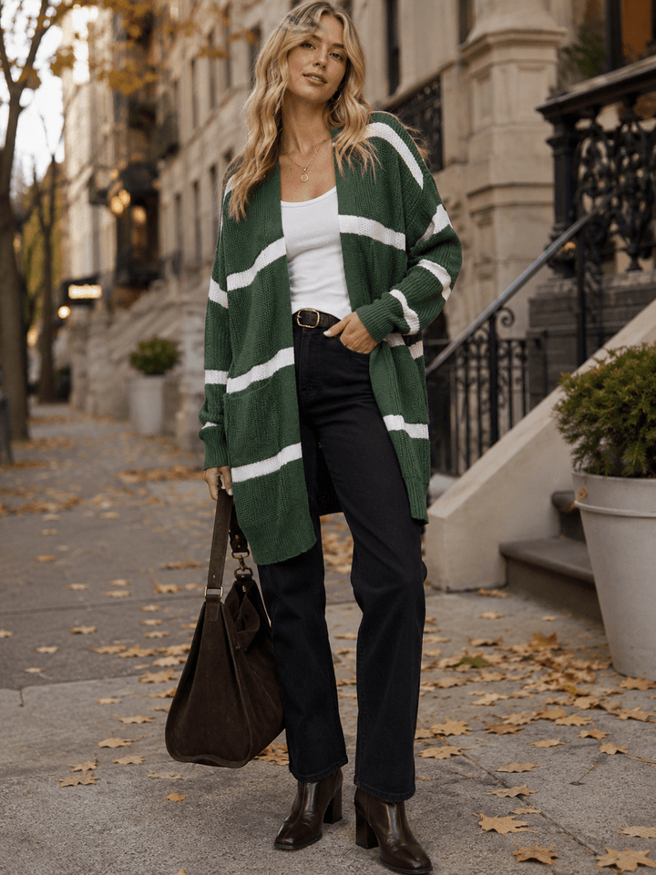 WOMEN'S LONG SLEEVE BUTTON UP FRONT POCKET COLORBLOCK STRIPES CARDIGAN
