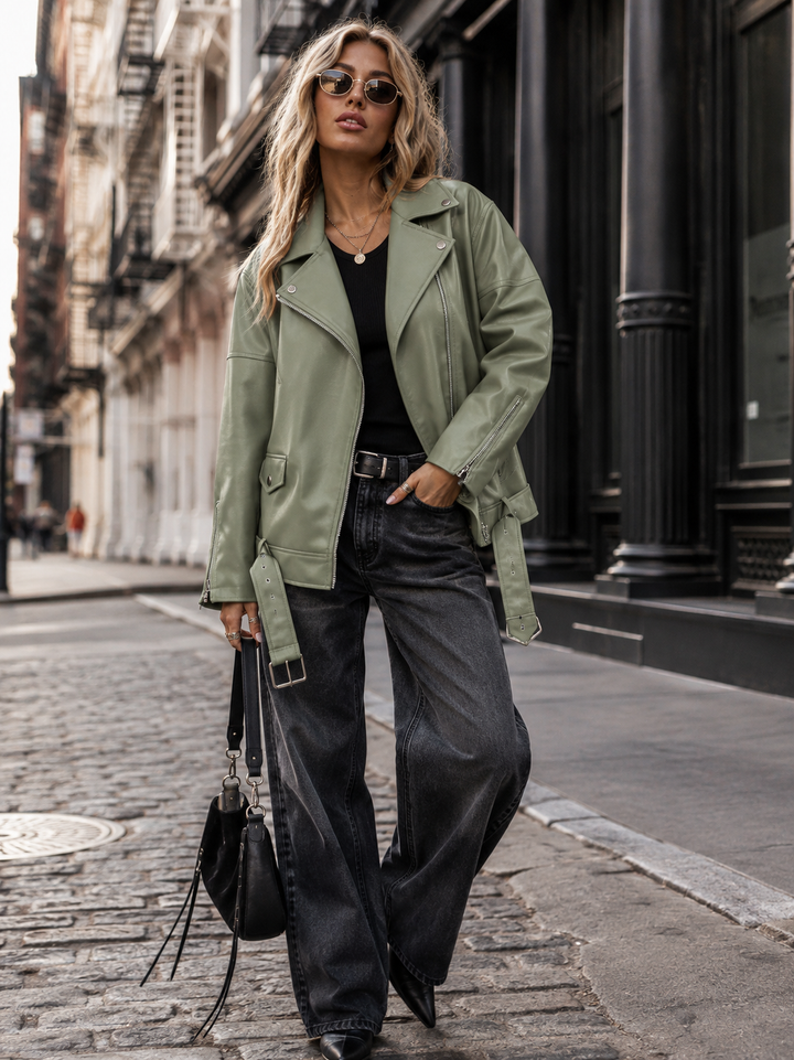 WOMEN'S LONG SLEEVE BUTTON CLOSURE FRONT POCKETS PU PLEATHER BELTED JACKET