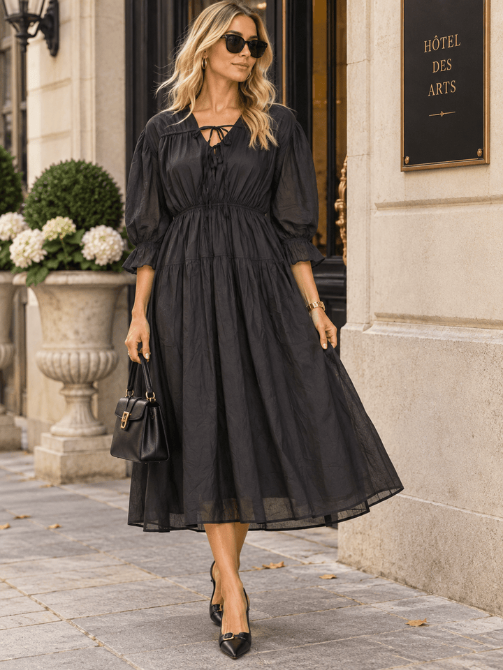WOMEN'S 3/4 SLEEVE V-NECK ELASTIC WAIST MAXI DRESS