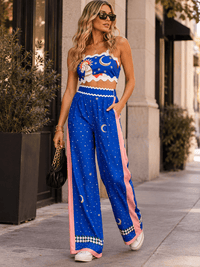 WOMEN'S SLEEVELESS SMOCK CROP TOP & ELASTIC WAIST WIDE LEG PANTS MULTI PRINT 2PC. SET