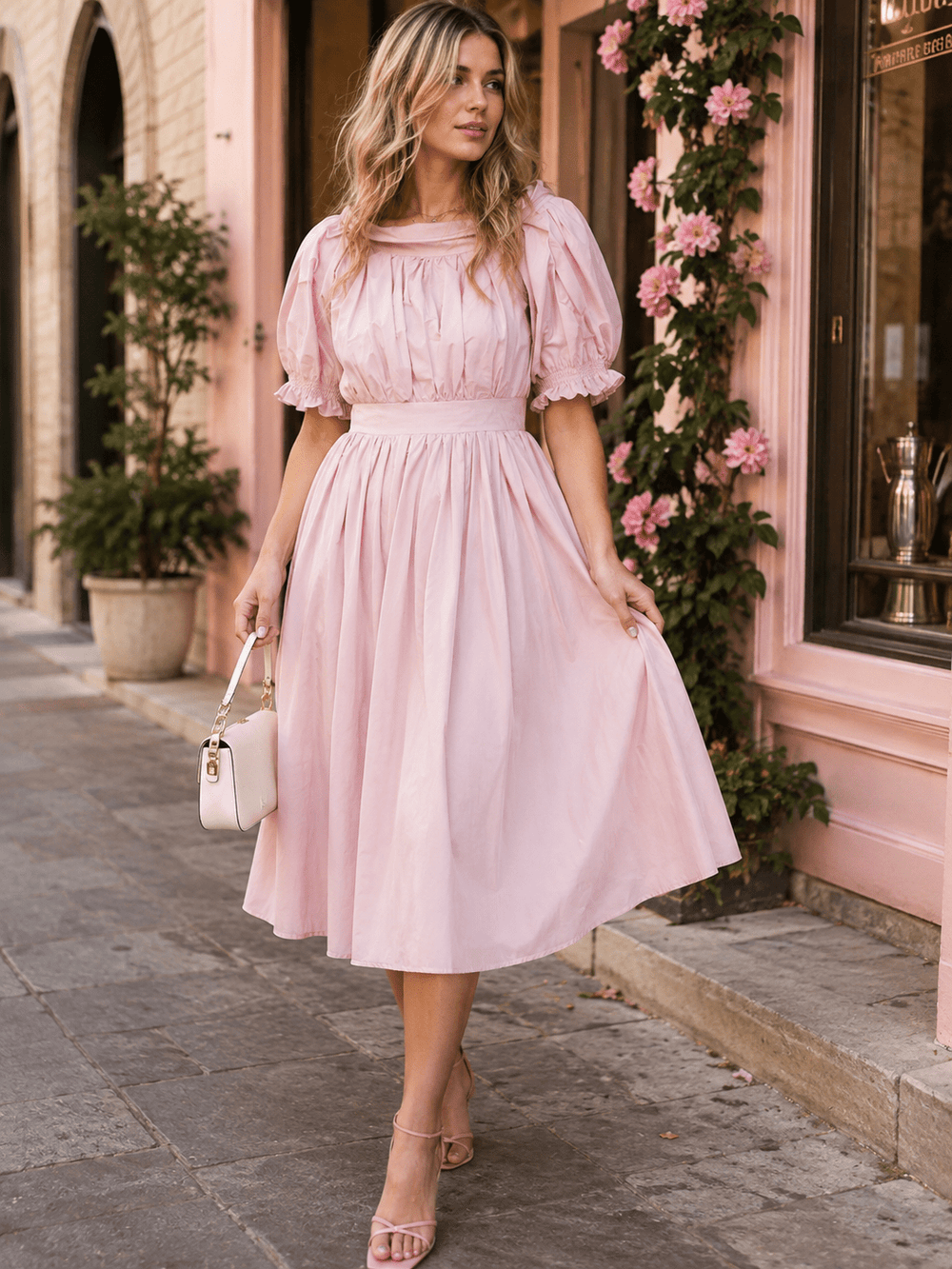 BEULAH WOMEN'S SHORT PUFF SLEEVE FIT & FLARE MIDI DRESS