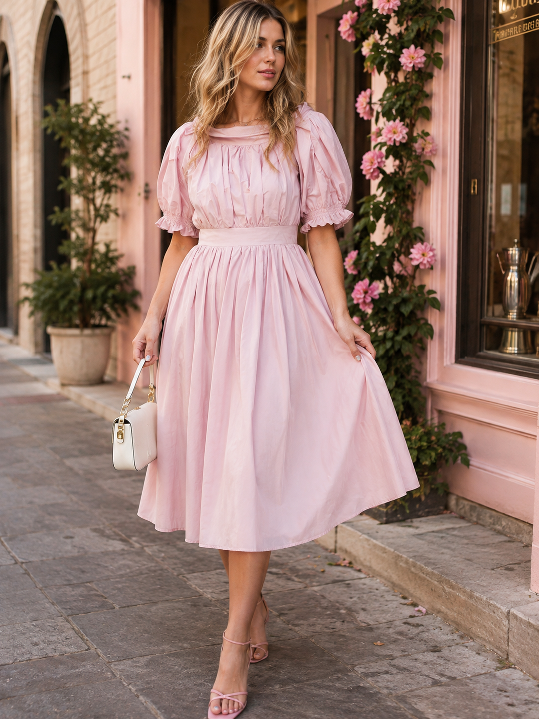 BEULAH WOMEN'S SHORT PUFF SLEEVE FIT & FLARE MIDI DRESS