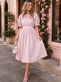 BEULAH WOMEN'S SHORT PUFF SLEEVE FIT & FLARE MIDI DRESS