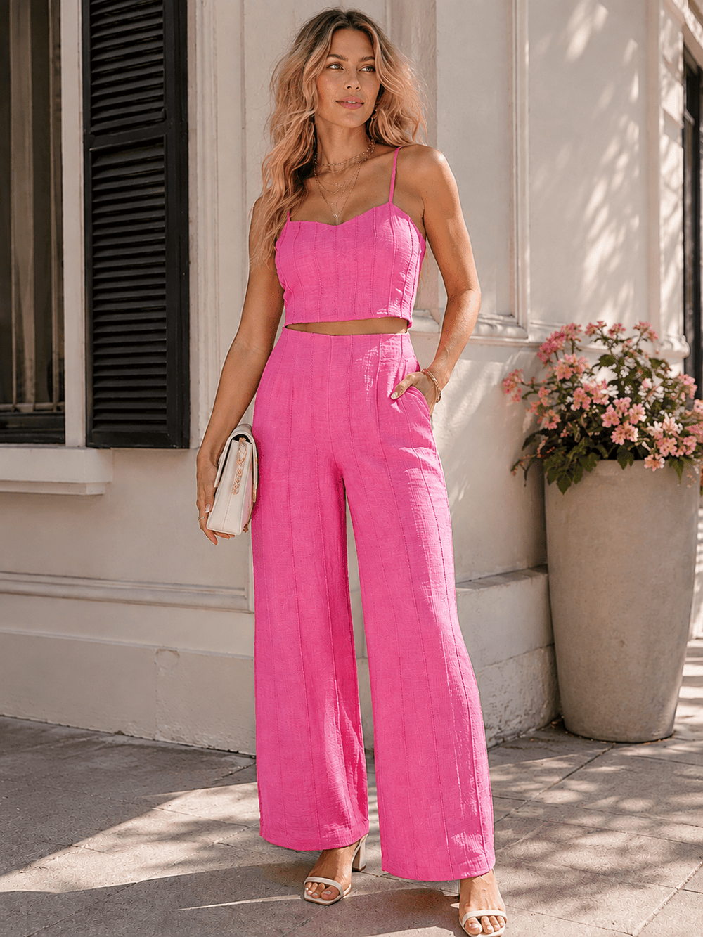 ******WOMEN'S SLEEVELESS SMOCK TOP & ZIP UP POCKETS WIDE LEG PANTS 2PC. SET