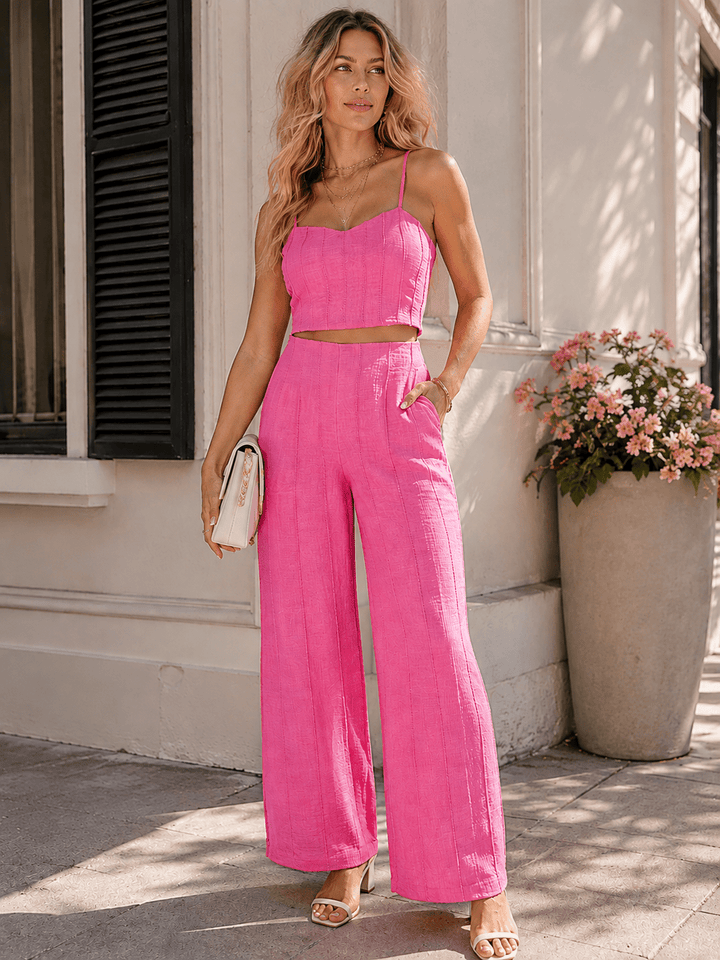 ******WOMEN'S SLEEVELESS SMOCK TOP & ZIP UP POCKETS WIDE LEG PANTS 2PC. SET