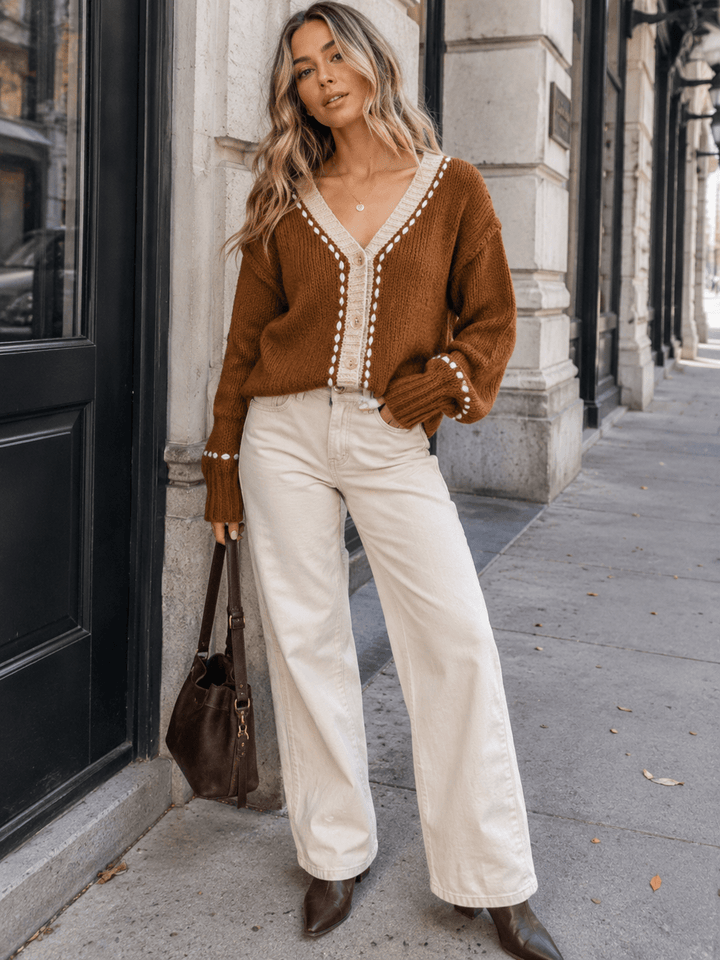 WOMEN'S LONG SLEEVE BUTTON UP TRIM DETAILED SWEATER