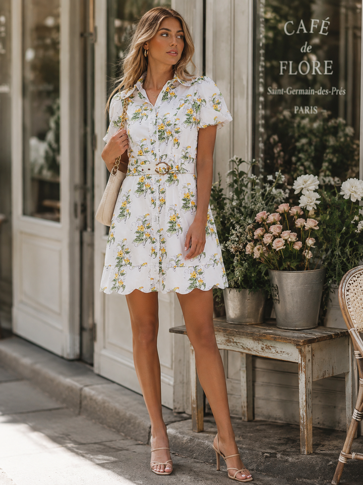 BEULAH WOMEN'S SHORT PUFF SLEEVE BUTTON UP BELTED FLORAL MINI DRESS