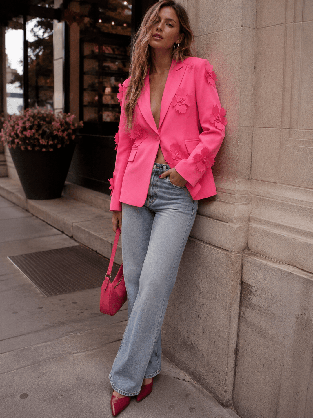WOMEN'S LONG SLEEVE BUTTON CLOSURE FLOWER DETAILED BLAZER
