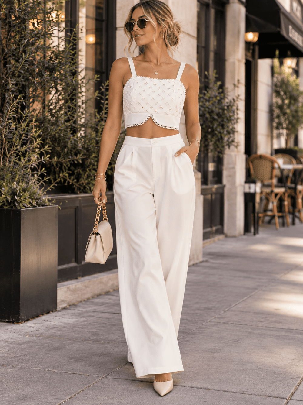WOMEN'S SLEEVELESS SMOCK CROP TOP & ELASTIC WAIST PANTS DETAILED 2PC. SET