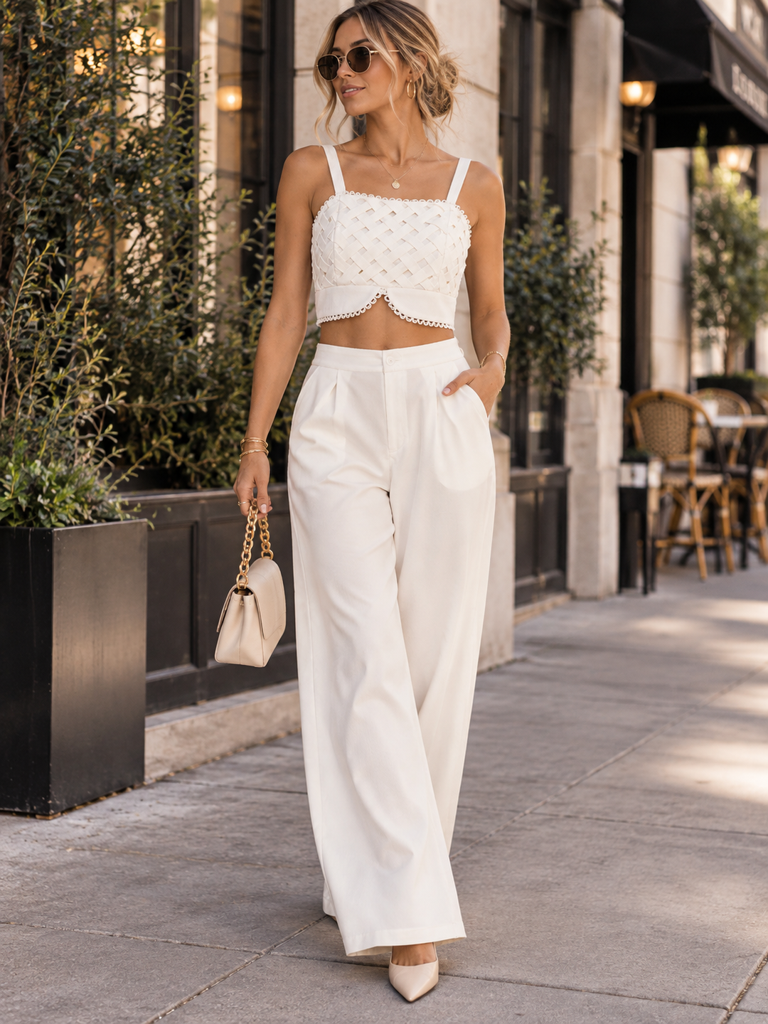 WOMEN'S SLEEVELESS SMOCK CROP TOP & ELASTIC WAIST PANTS DETAILED 2PC. SET