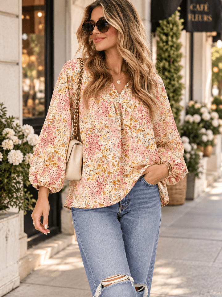 WOMEN'S LONG SLEEVES V-NECK FLORAL BLOUSE