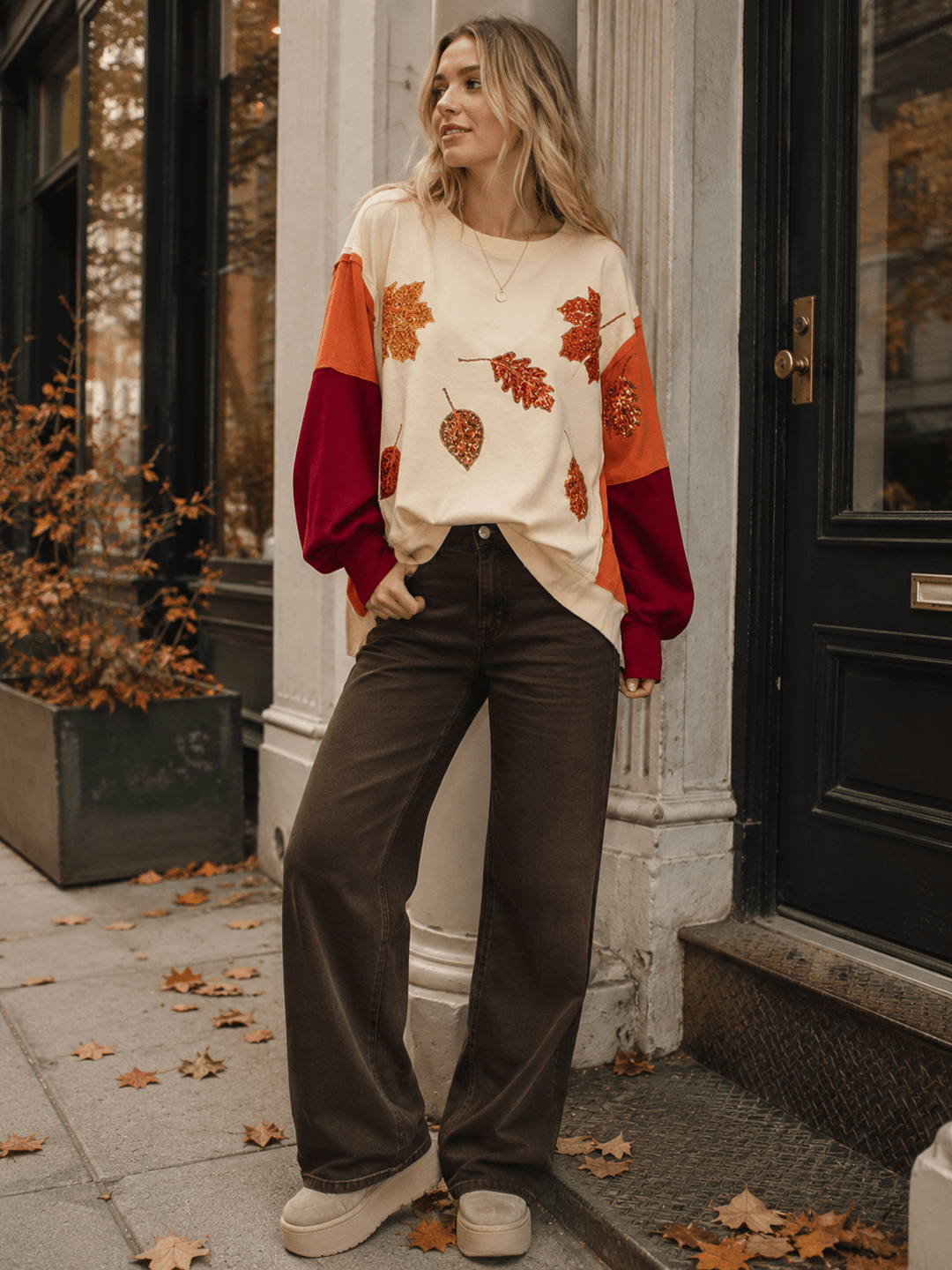WOMEN'S LONG SLEEVE LEAF PRINT SEQUINS HIGH-LOW PULLOVER SWEATER