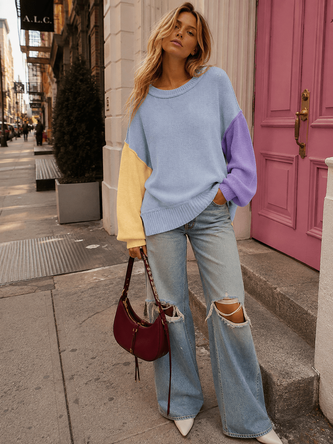 WOMEN'S LONG SLEEVE COLORBLOCK HIGH-LOW PULLOVER OVERSIZED SEQUINS SWEATER