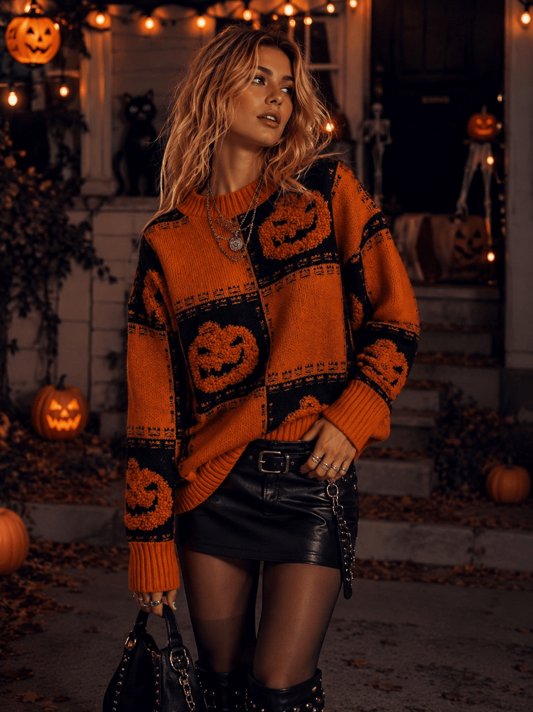 WOMEN'S LONG SLEEVE PUMPKIN PRINT PULLOVER SWEATER