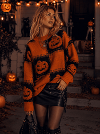 WOMEN'S LONG SLEEVE PUMPKIN PRINT PULLOVER SWEATER