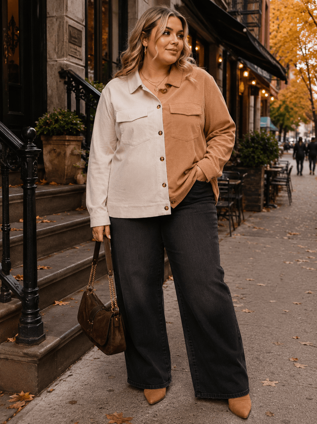 PLUS SIZE LONG SLEEVE BUTTON UP FRONT POCKETS COLORBLOCK CORDUROY SHIRT