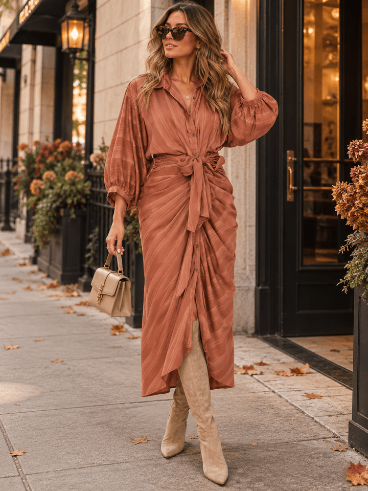 ENTRO WOMEN'S LONG SLEEVE BUTTON UP SELF TIE MAXI DRESS