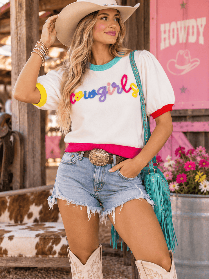 WOMEN'S SHORT SLEEVE COLORBLOCK COWGIRL SWEATER TOP