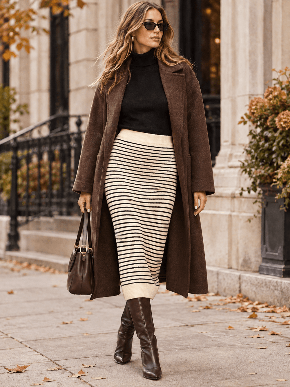 WOMEN'S ELASTIC WAIST COLORBLOCK STRIPES KNIT MIDI SKIRT