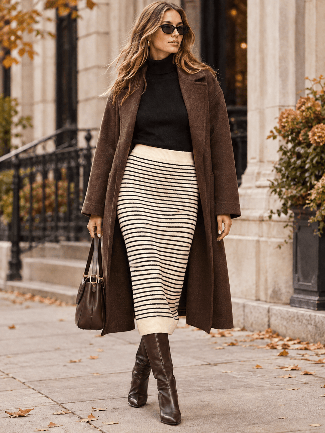 WOMEN'S ELASTIC WAIST COLORBLOCK STRIPES KNIT MIDI SKIRT