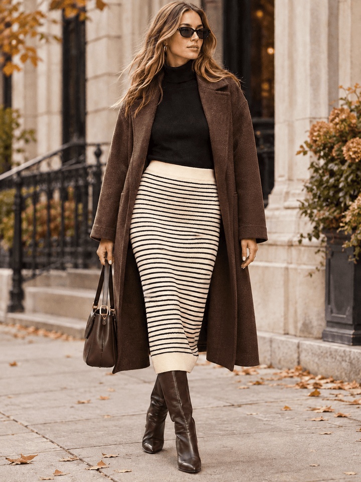 WOMEN'S ELASTIC WAIST COLORBLOCK STRIPES KNIT MIDI SKIRT