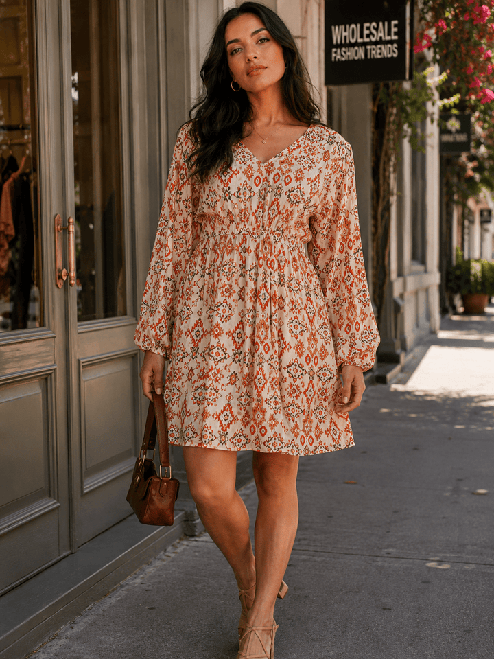 WOMEN'S LONG SLEEVE ELASTIC WAIST V-NECK MULTI PRINT MINI DRESS