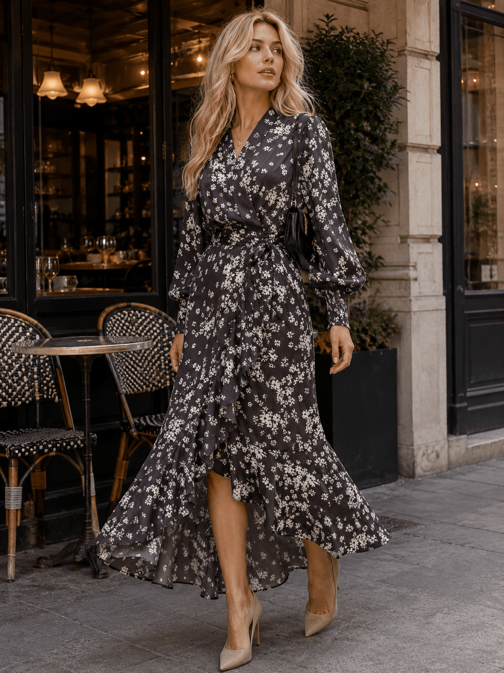WOMEN'S LONG SLEEVE V-NECK SELF TIE HIGH-LOW FLORAL PRINT WRAP MIDI DRESS
