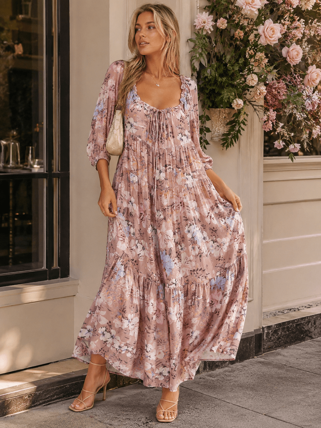 WOMEN'S SHORT SLEEVE FRONT POCKETS LOOSE FIT TIERED FLORAL MAXI DRESS