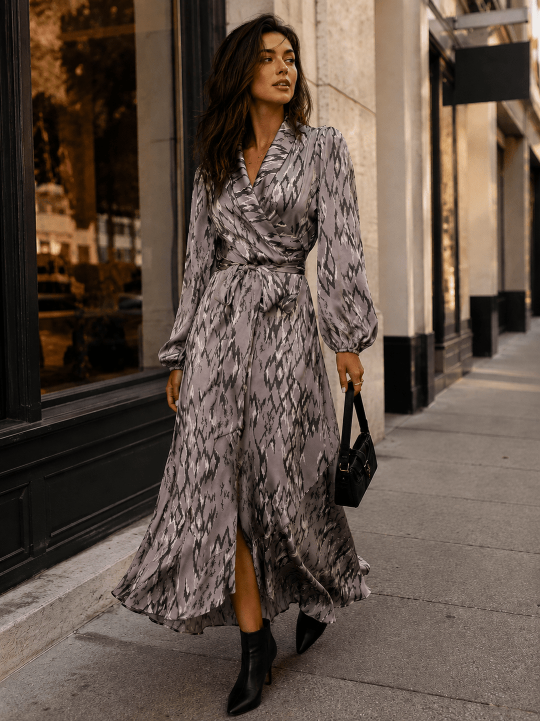 WOMEN'S LONG SLEEVE V-NECK SELF TIE ANIMAL PRINT WRAP MAXI DRESS
