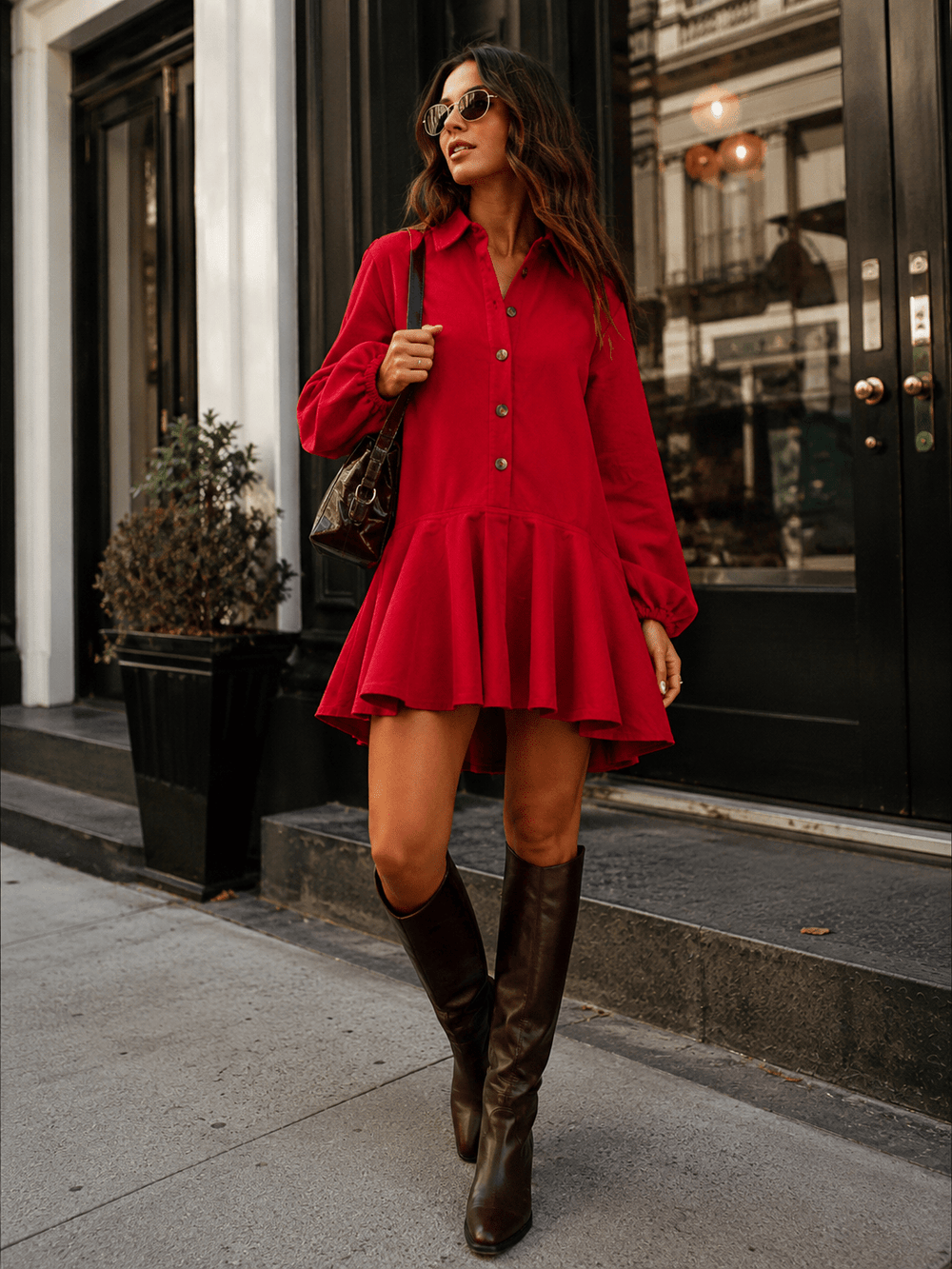WOMEN'S LONG SLEEVE BUTTON UP FRONT POCKETS HIGH-LOW CORDUROY MINI DRESS