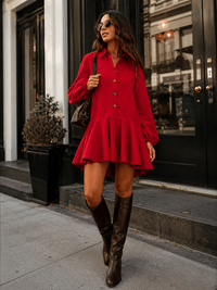 WOMEN'S LONG SLEEVE BUTTON UP FRONT POCKETS HIGH-LOW CORDUROY MINI DRESS