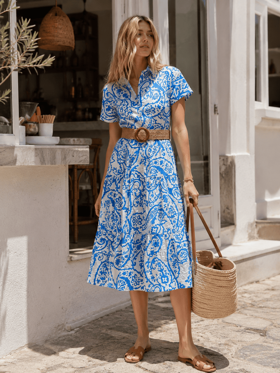 WOMEN'S SHORT SLEEVE BUTTON UP BELTED TIERED MULTI PRINT MIDI DRESS