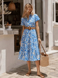 WOMEN'S SHORT SLEEVE BUTTON UP BELTED TIERED MULTI PRINT MIDI DRESS