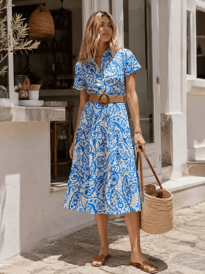 WOMEN'S SHORT SLEEVE BUTTON UP BELTED TIERED MULTI PRINT MIDI DRESS