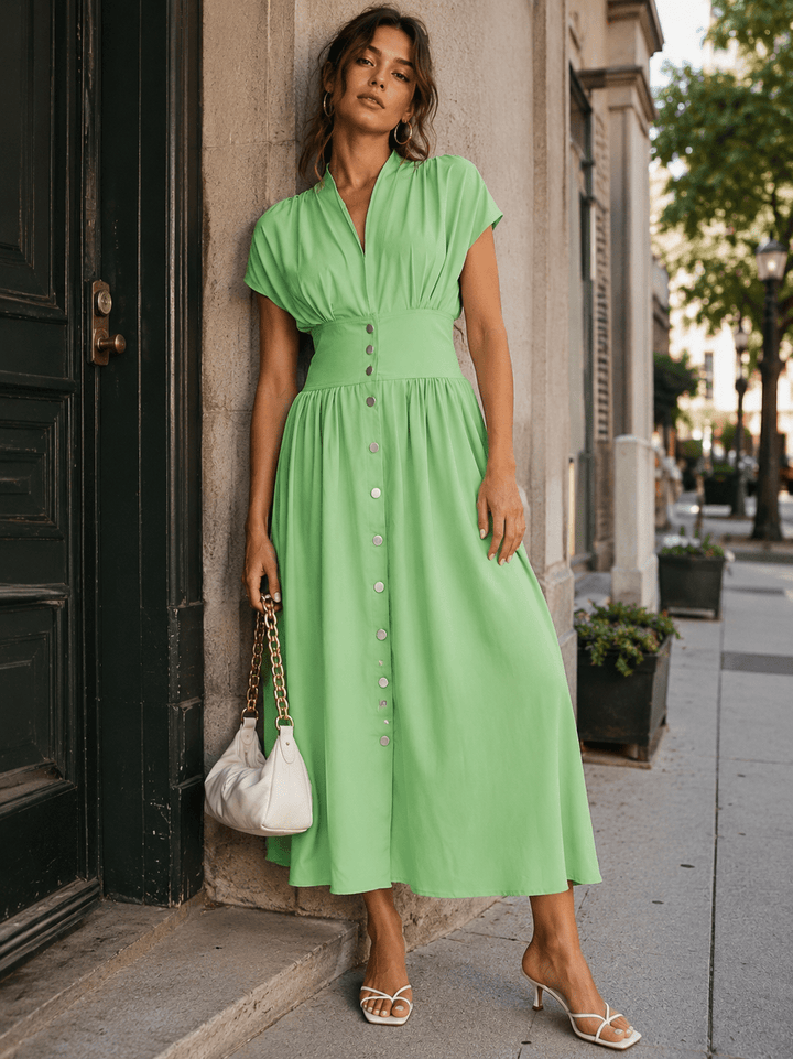 WOMEN'S SHORT SLEEVE BUTTON UP V-NECK SMOCK WAIST MAXI DRESS
