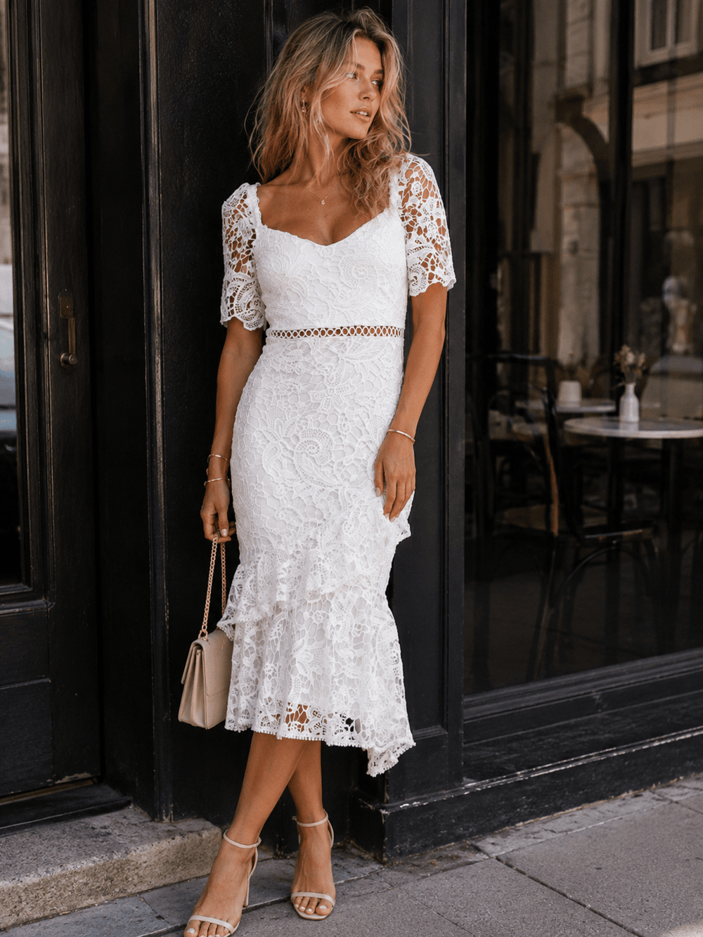 WOMEN'S SHORT SLEEVE CROCHET BODYCON MIDI DRESS