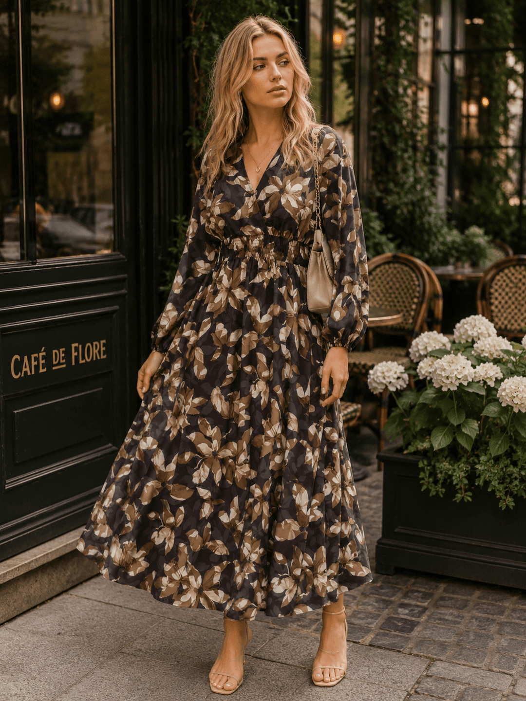 WOMEN'S LONG SLEEVE SURPLICE ELASTIC WAIST FLORAL PRINT MAXI DRESS